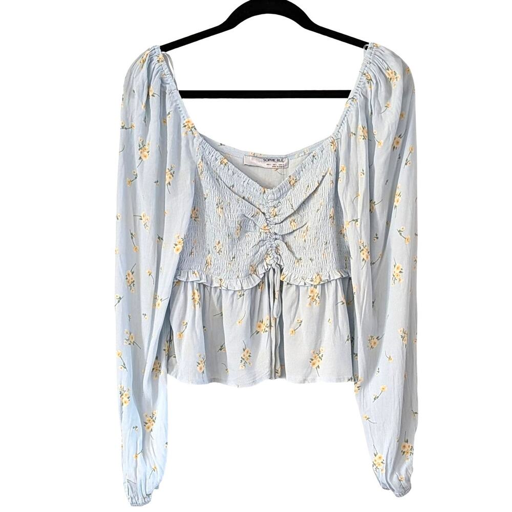 Sophie Rue NWT Floral Smocked Peplum Top L Blue Milkmaid Cottagecore